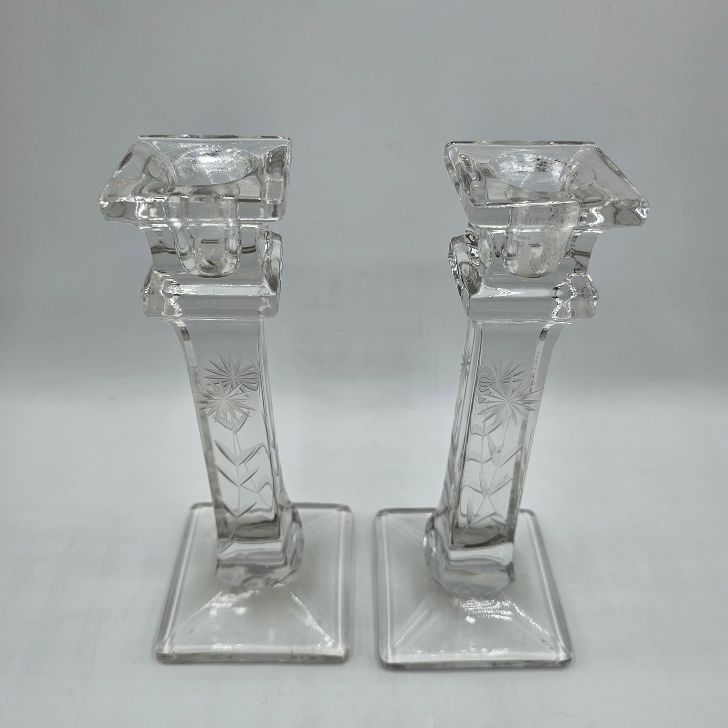 Vintage Etched Glass Taper Candlestick Pair