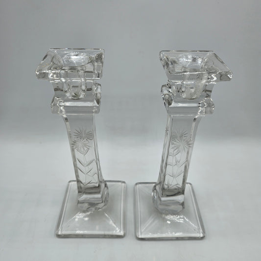 Vintage Etched Glass Taper Candlestick Pair