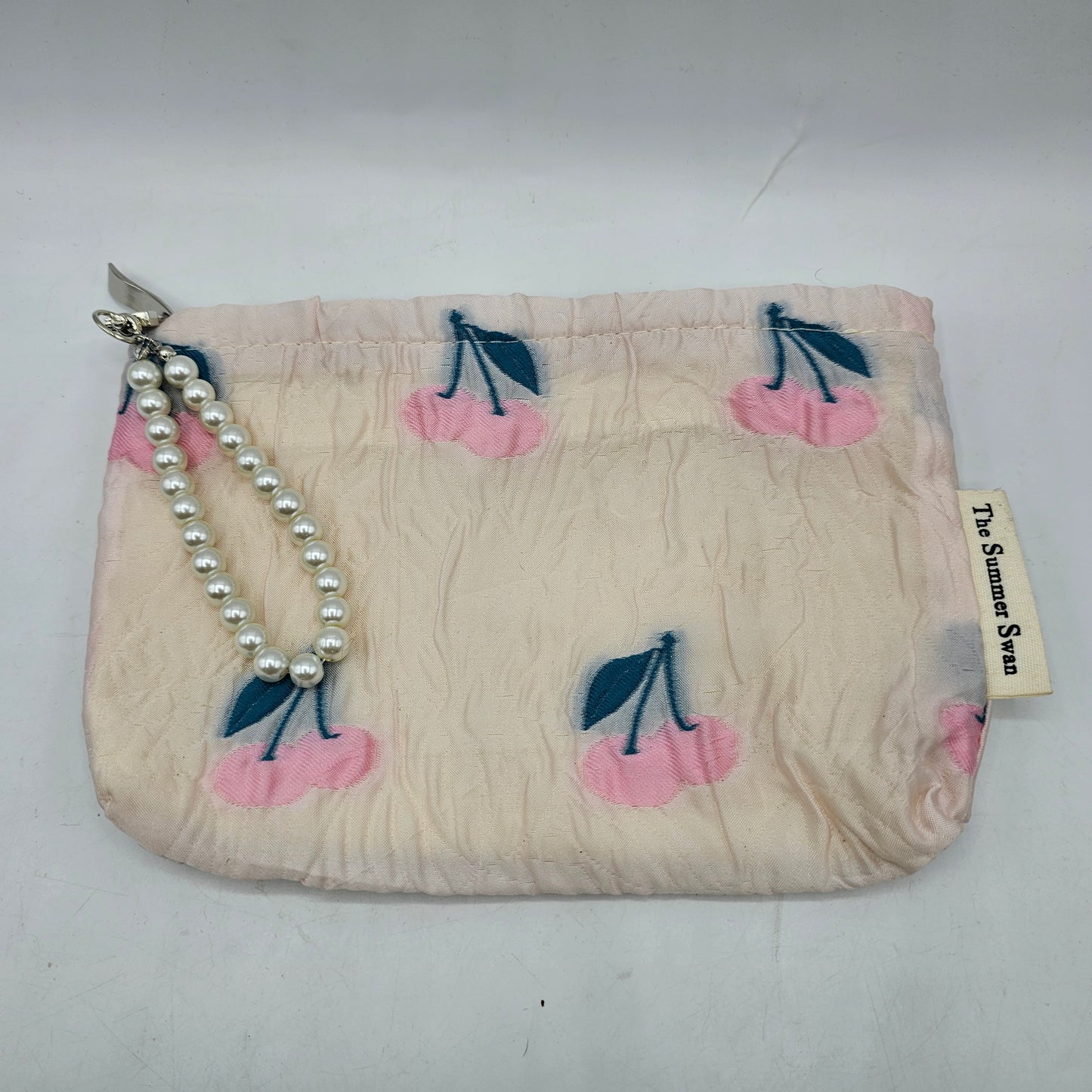 The Summer Swan Pink Zip Up Wristlet Purse / Make Up Bag with Cherries and Faux Pearl Pull Handle