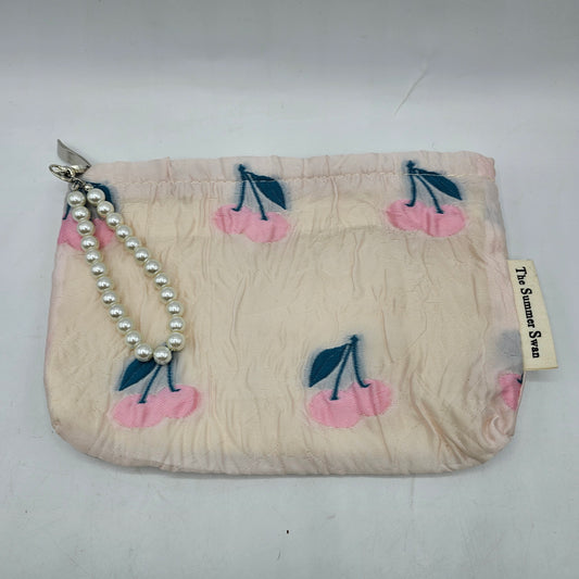 The Summer Swan Pink Zip Up Wristlet Purse / Make Up Bag with Cherries and Faux Pearl Pull Handle