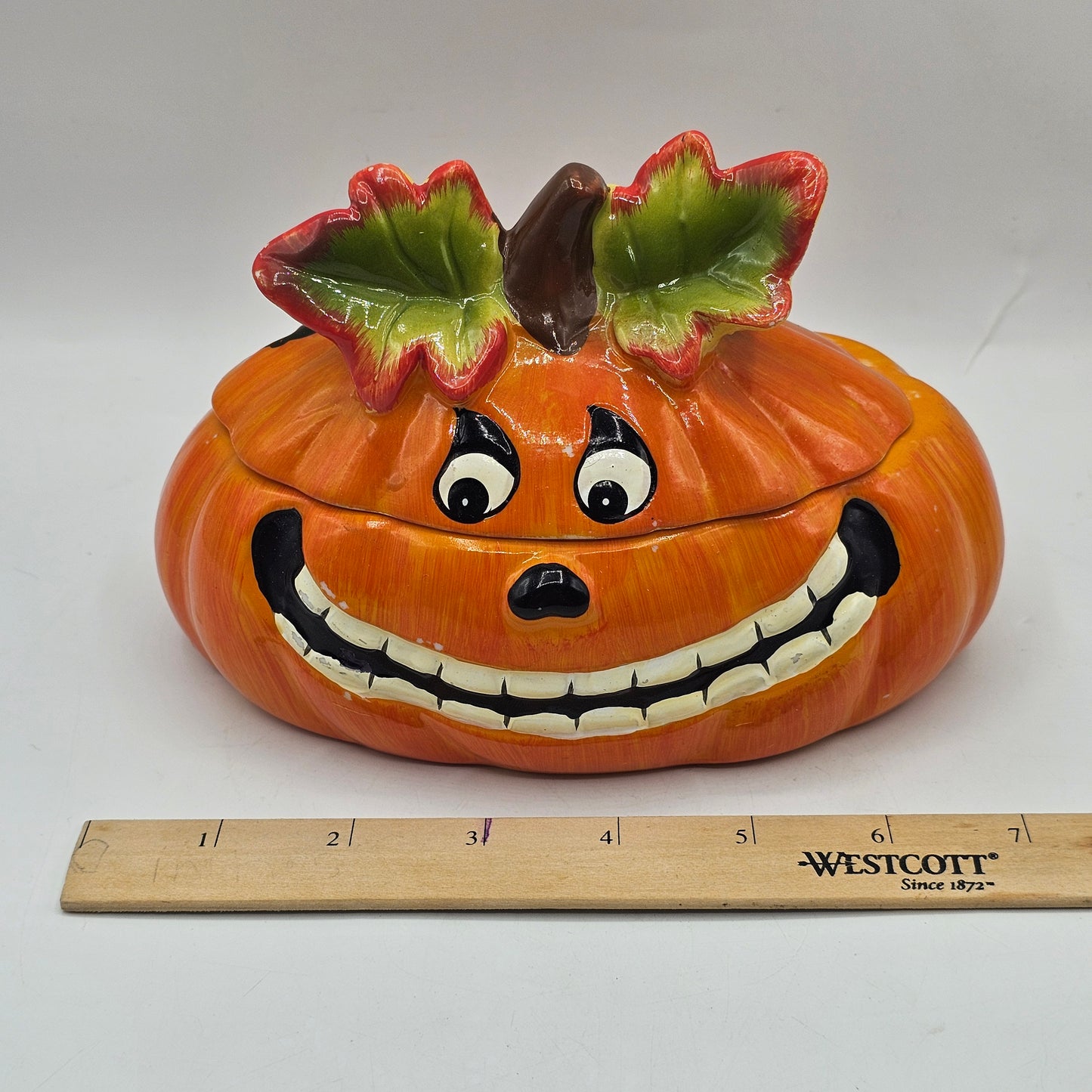 Vintage Hand Painted Ceramic Pumpkin Jack O Lantern Trinket Box