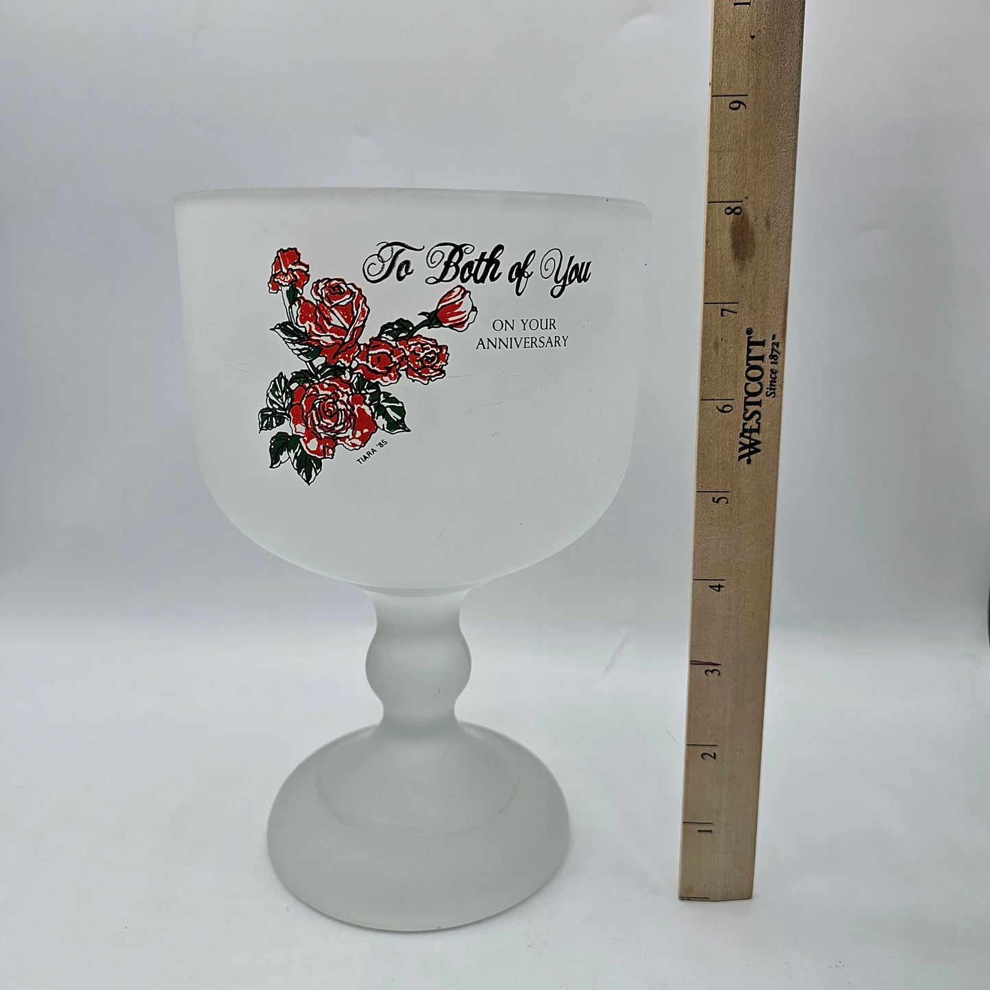 Tiara Vintage Frosted Glass Pedestal Candy Dish with Rose Transferware - 1985
