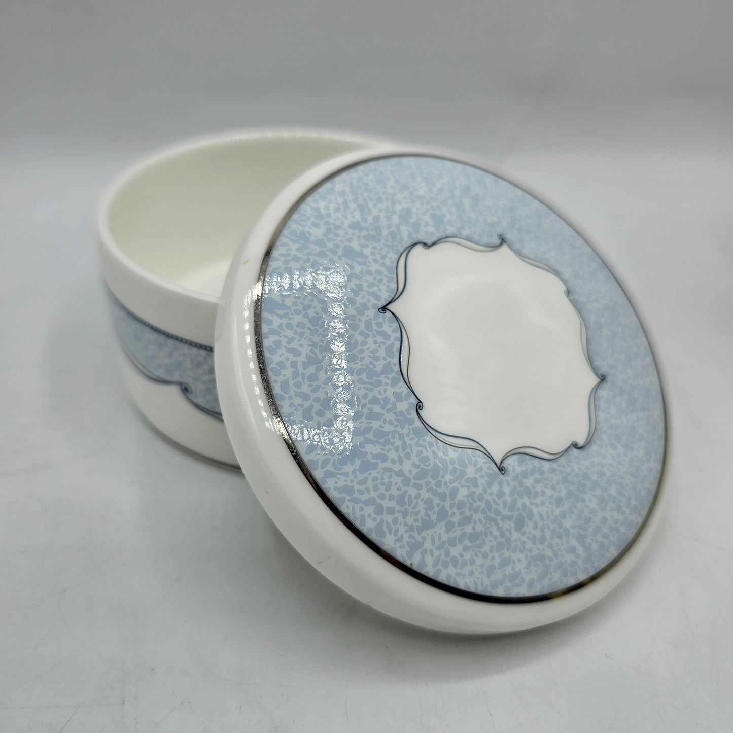 Wedgewood Venice Bone China Round Trinket Box in Pale Blue with Silver Scrolls