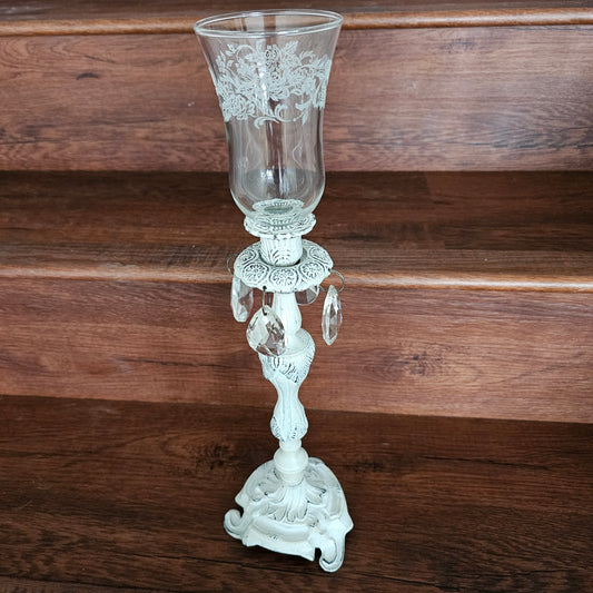 Vintage White Metal Candlestick with Glass Prisms and Etched Glass Peg Shade
