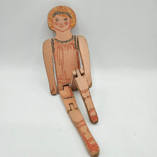 Antique Wooden Peg Doll with Articulated Legs and Painted Under Garment Detail
