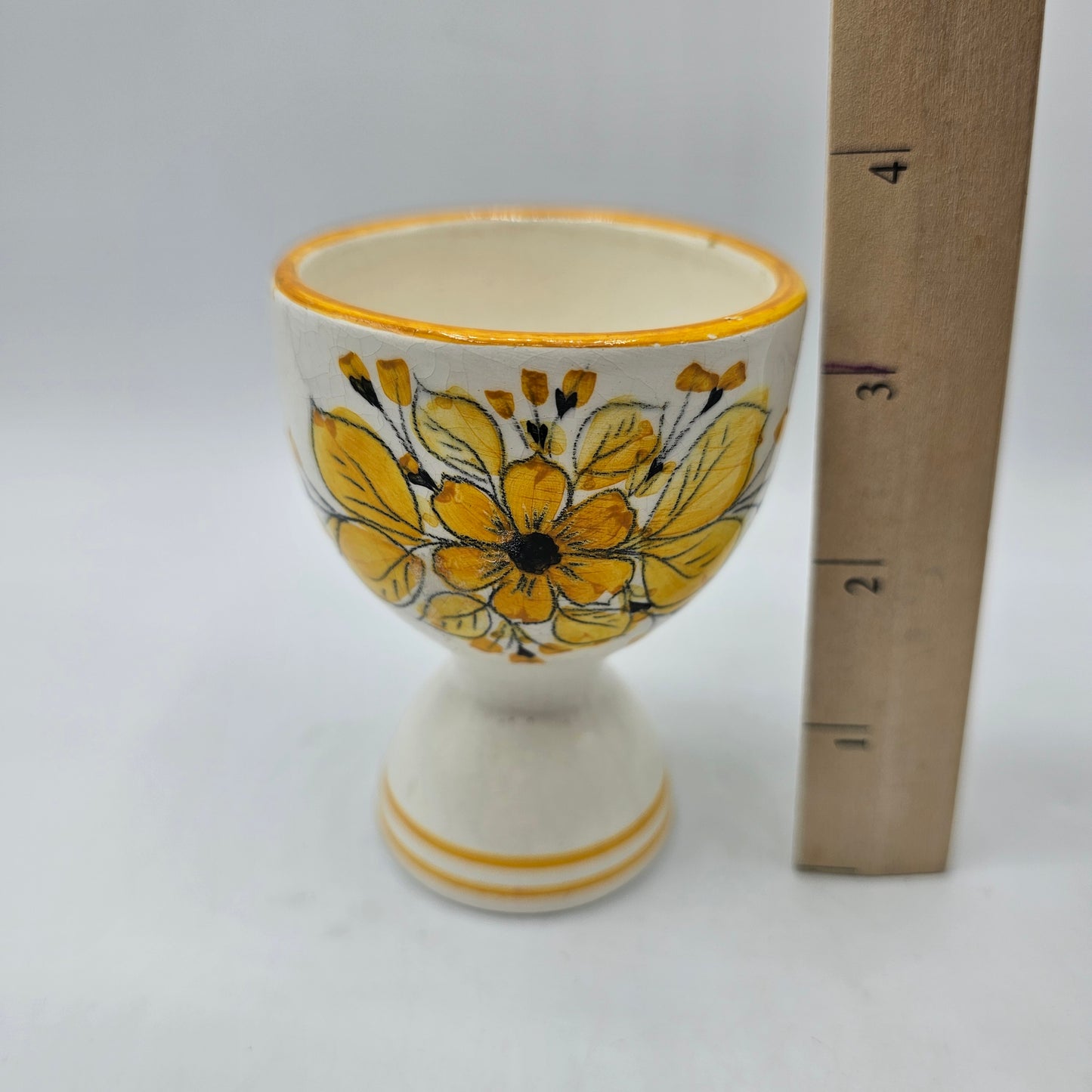Hand Painted European Pottery Oversized Egg Cup with Yellow Flowers (naturally crazed)