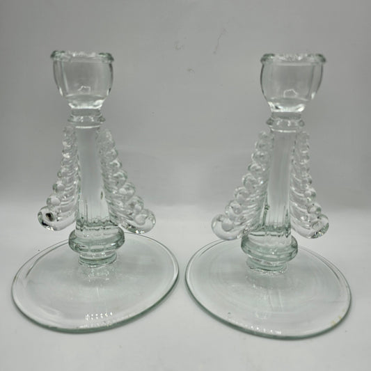 Baroque Style Scrolled Glass Taper Candlestick Pair