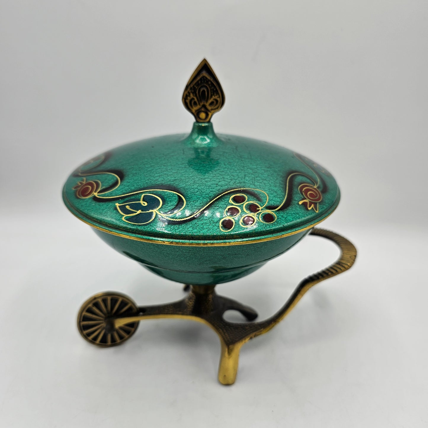 Vintage Israeli Hand Painted Green Enamell and Brass Candy Dish - Made in Israel