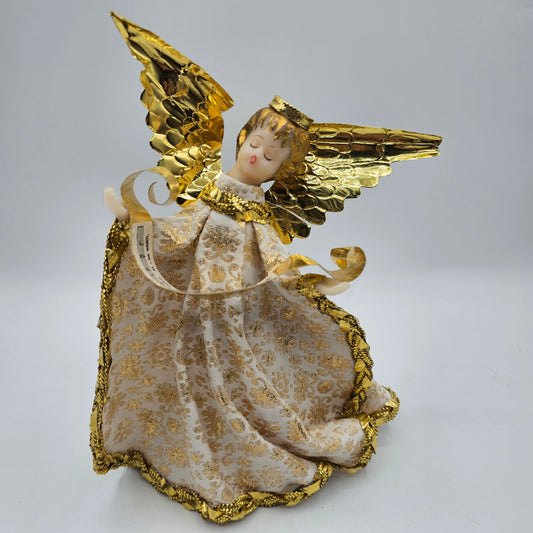 Vintage German Wax Face and Hands Gold Angel Tree Topper 1950's By Koestel (damage noted)