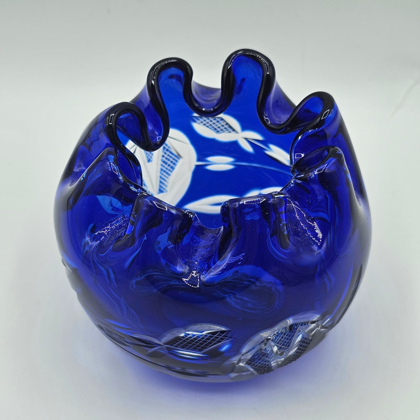 Bohemian Cobalt Blue Hand Cut-to-Clear Glass Rose Bowl with Ruffled Top Rim