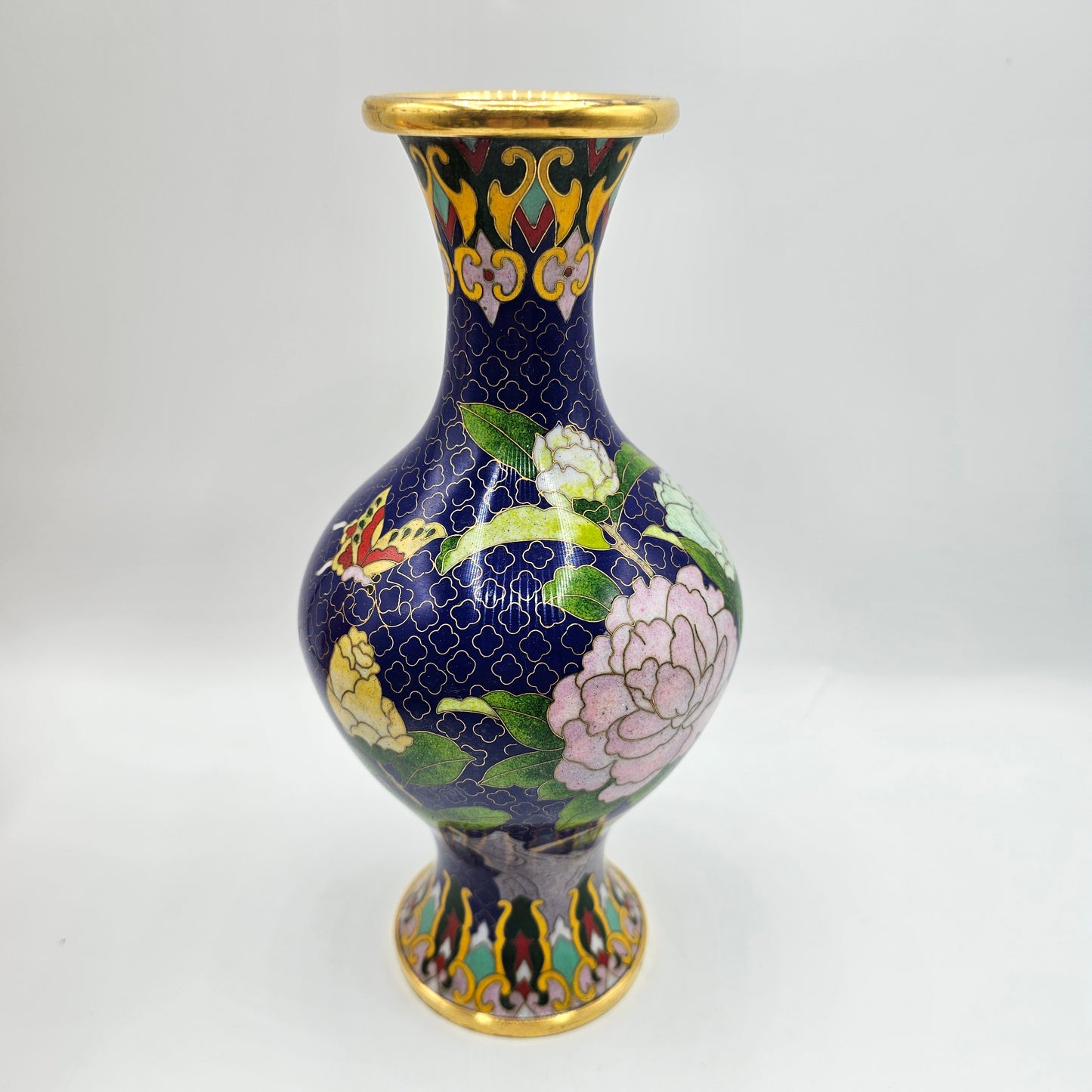 Cloisonne Enamel on Brass Vase with Blue Base