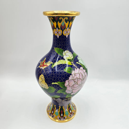 Cloisonne Enamel on Brass Vase with Blue Base
