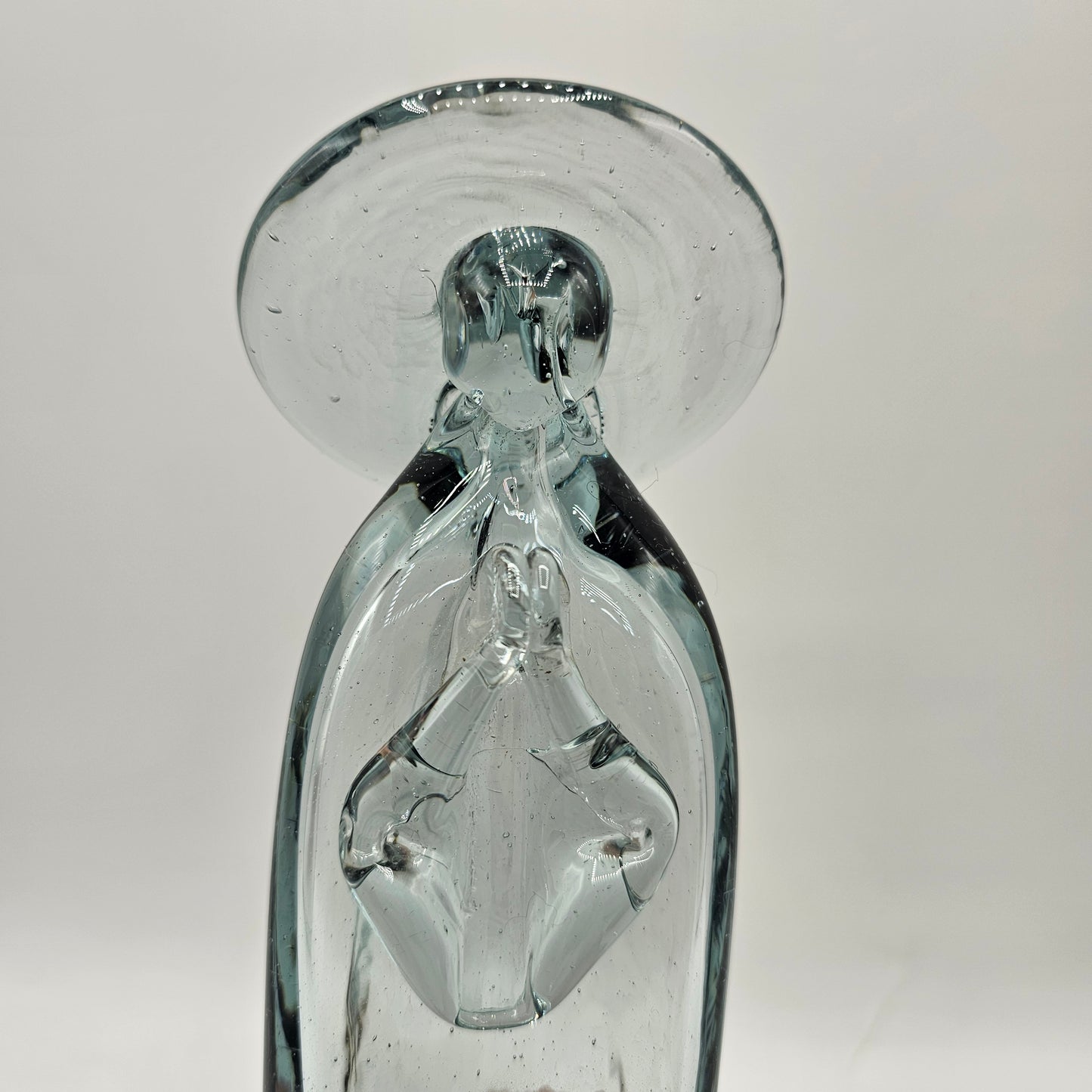 Praying Madonna Hand Blown Blue/Gray Tinted 100% Recycled Glass Sculpture - Made in Guatamala