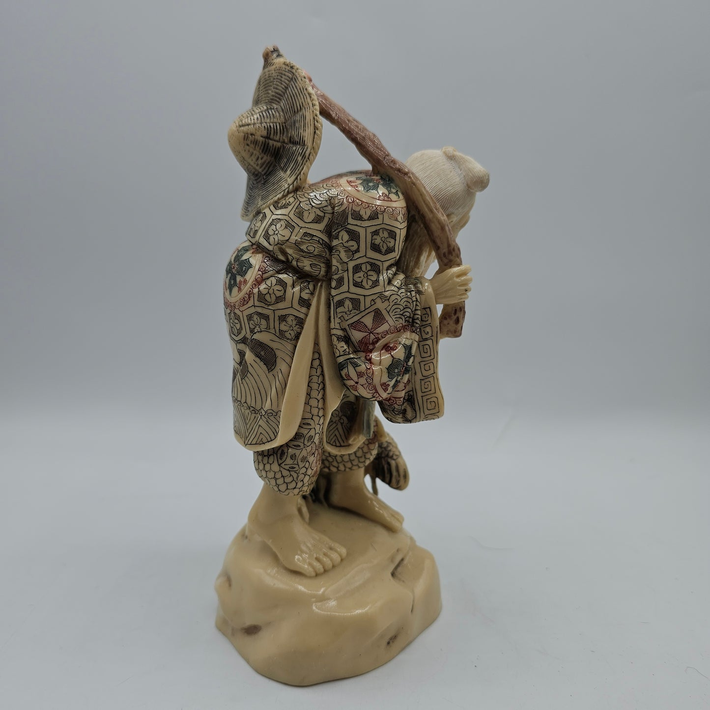 Old Asian Fisherman Figurine Resin with Scrimshaw Design