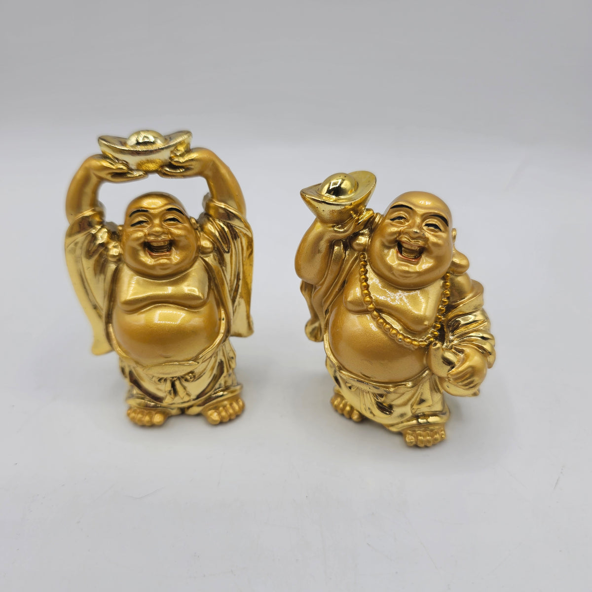 Gold Lucky Laughing Buddha Statues Figurines - Set of 2 - painted resin