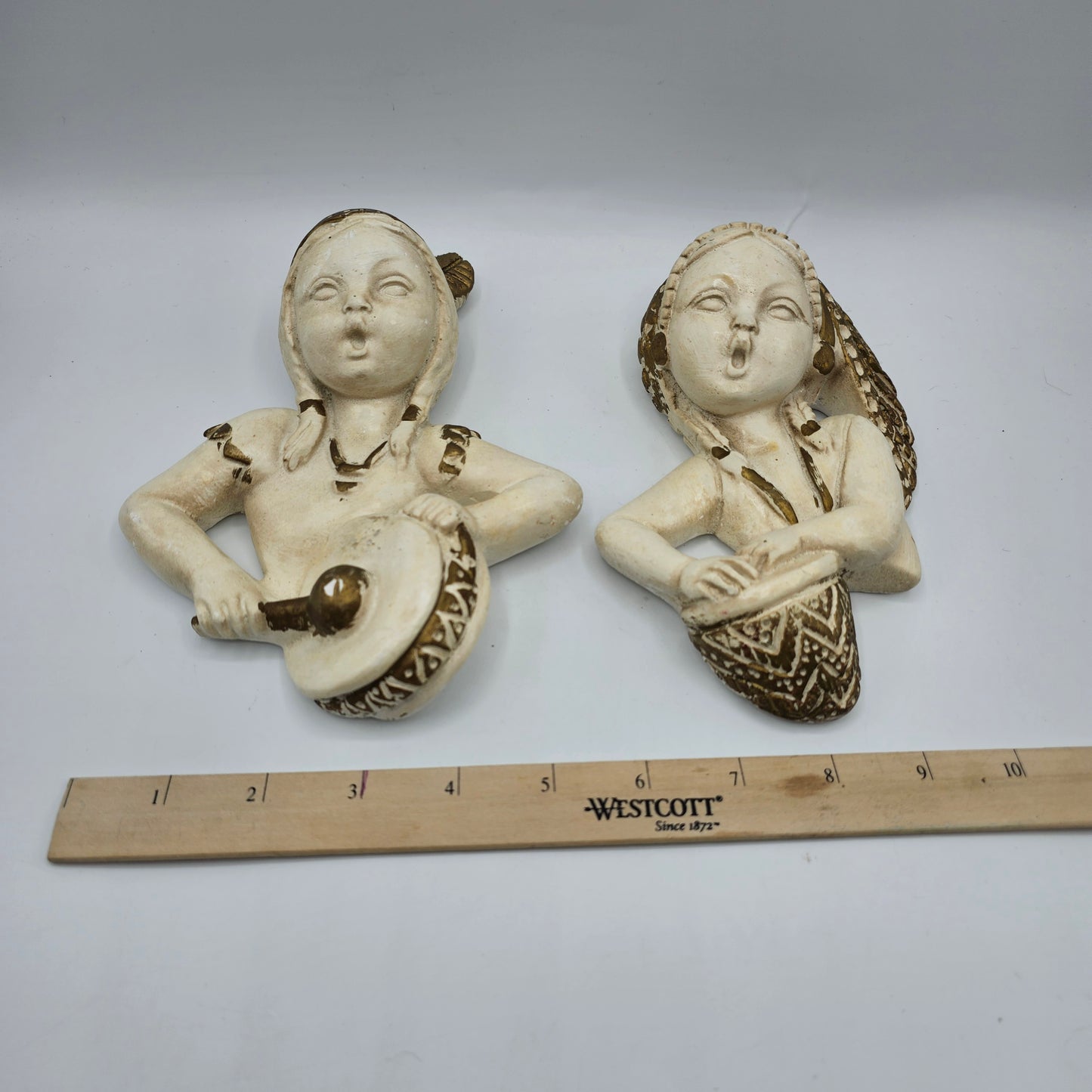 Native American Girls with Drums Chalkware Wall Hanging - Set of 2