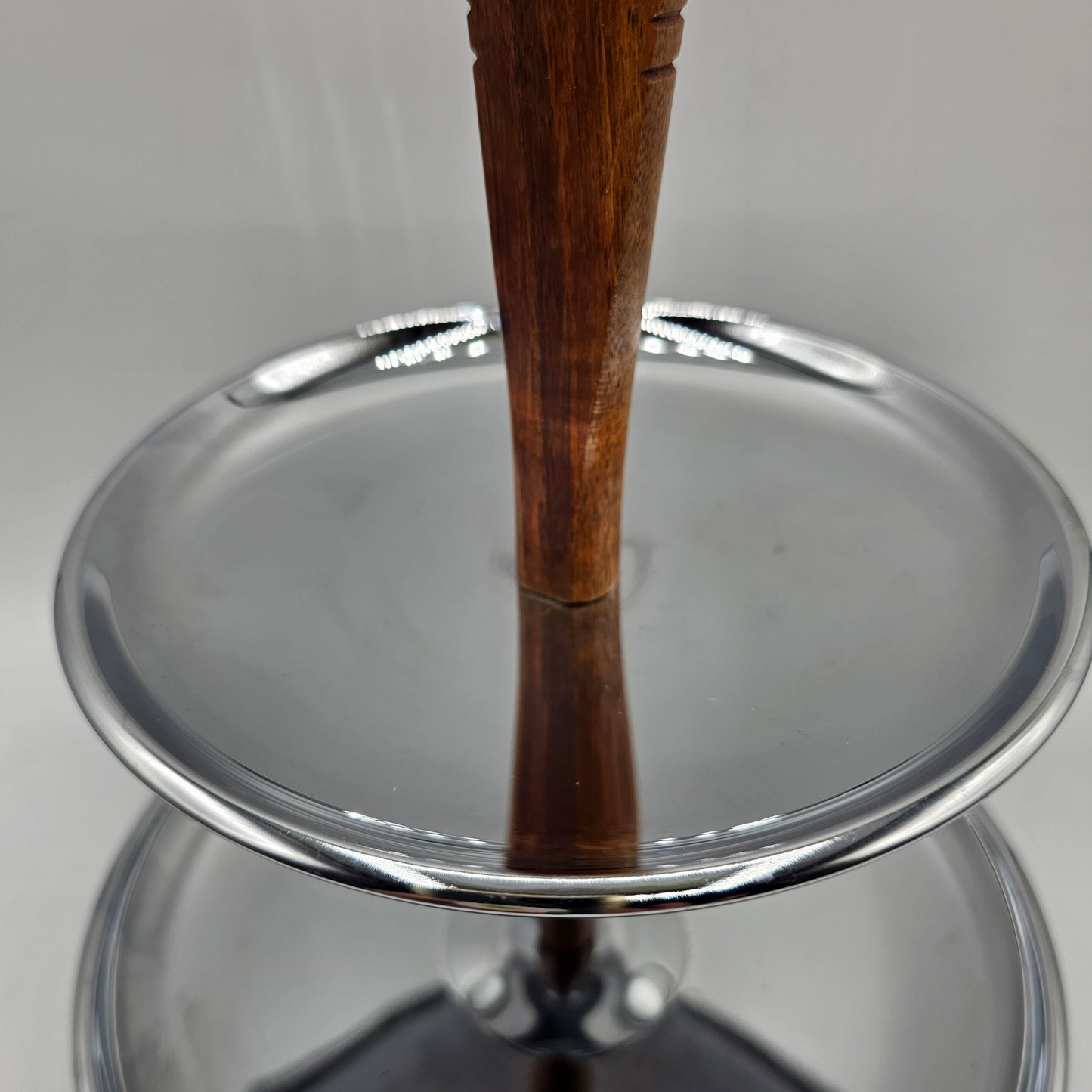 1960's Kromex Chrome 2-Tiered Tidbit Tray or Bathroom Stand with Teak Wood Handle