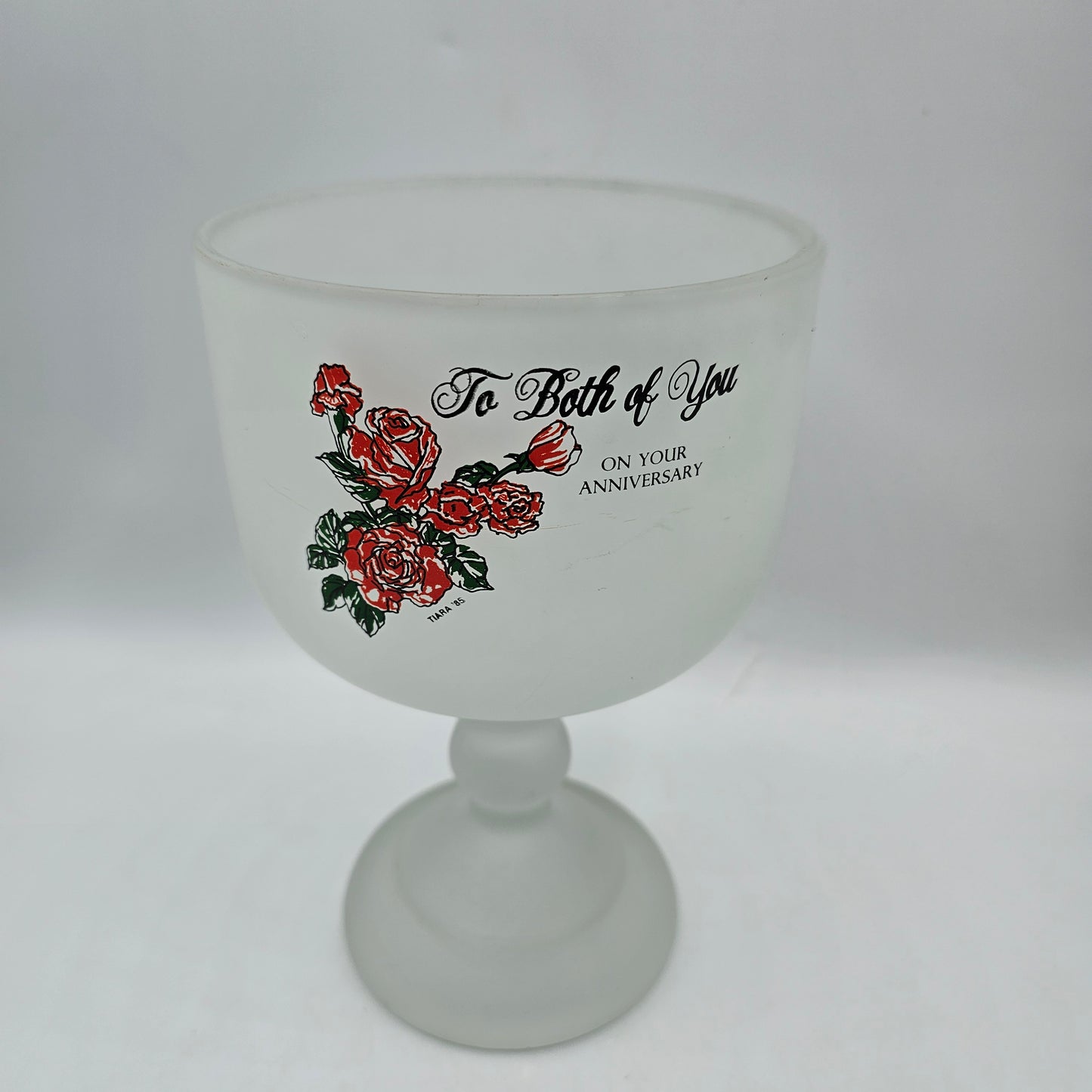 Tiara Vintage Frosted Glass Pedestal Candy Dish with Rose Transferware - 1985