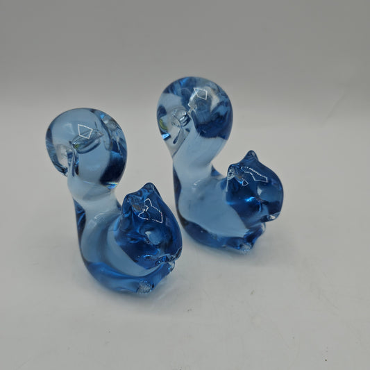 Set of 2 Vintage Sky Blue Glass Squirrel Figurines