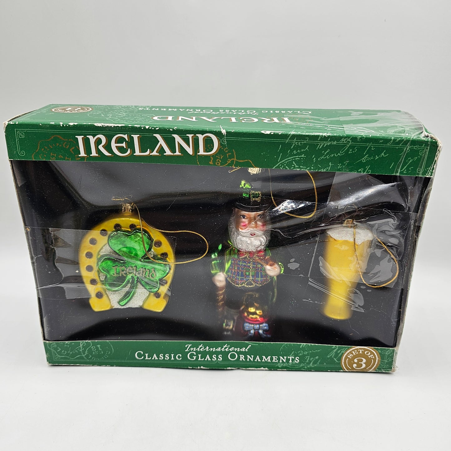 Irish Blown Glass Christmas Tree Ornaments in Original Box -  Shamrock, Leprechaun, Guinness - Set of 3