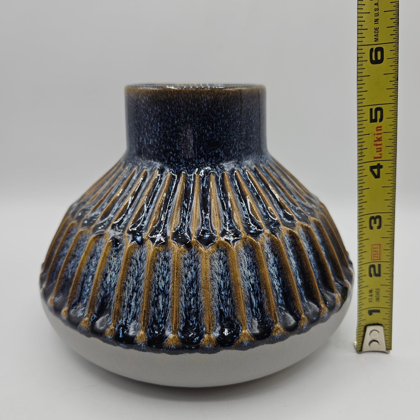 Italian Bitossi Style Blue Squat Vase with Textured Drip Glaze