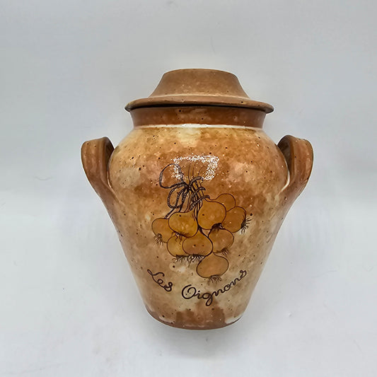 "Los Oignons" Glazed Pottery Lidded Jar with Onion Design - 5.5" tall