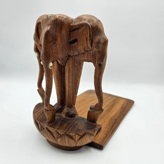 Vintage Carved Wood Folding Bookend with Elephants