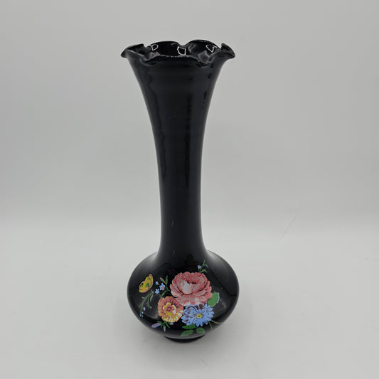 Vintage Ruffle Top Black Glass Bud Vase with Transferware Flower Design - 8" tall