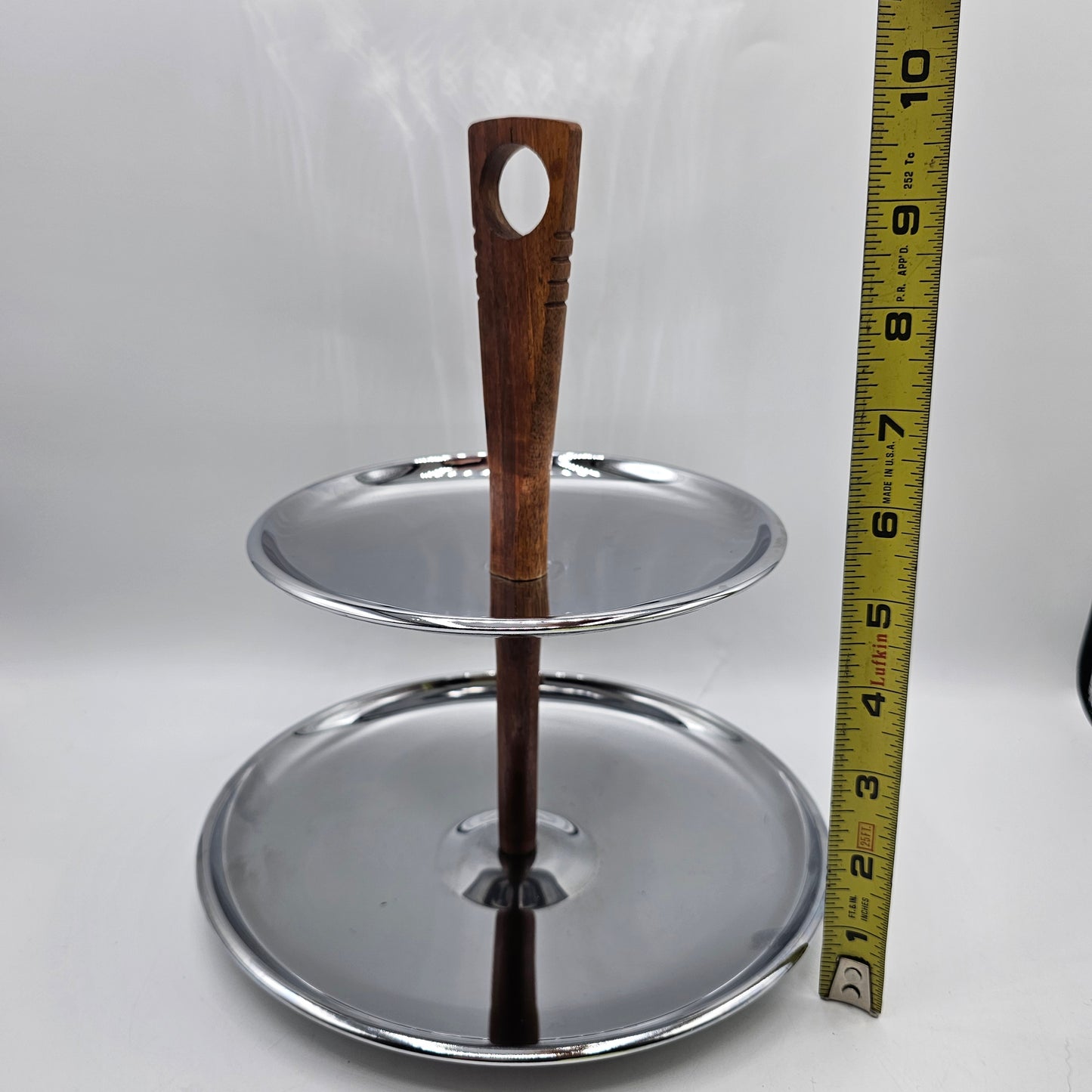 1960's Kromex Chrome 2-Tiered Tidbit Tray or Bathroom Stand with Teak Wood Handle