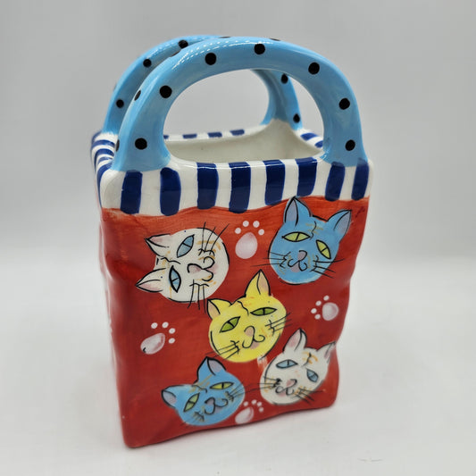 Ceramic Gift Bag Shaped Vase with Cat Faces by Ganz