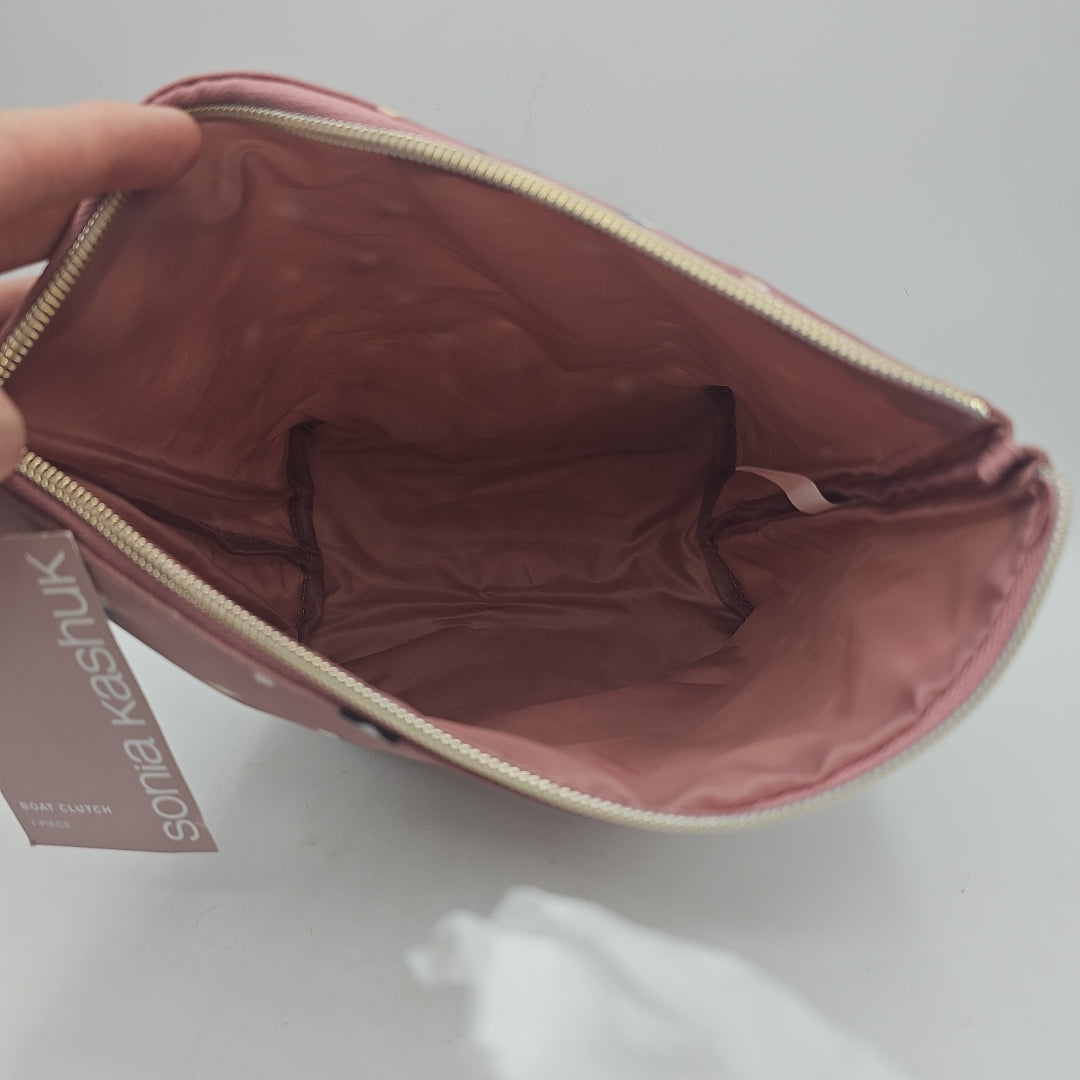 Sonia Kashuk Dusty Pink Boat Clutch - Zip Up Cosmetic Bag with Geometric Triangles Pattern
