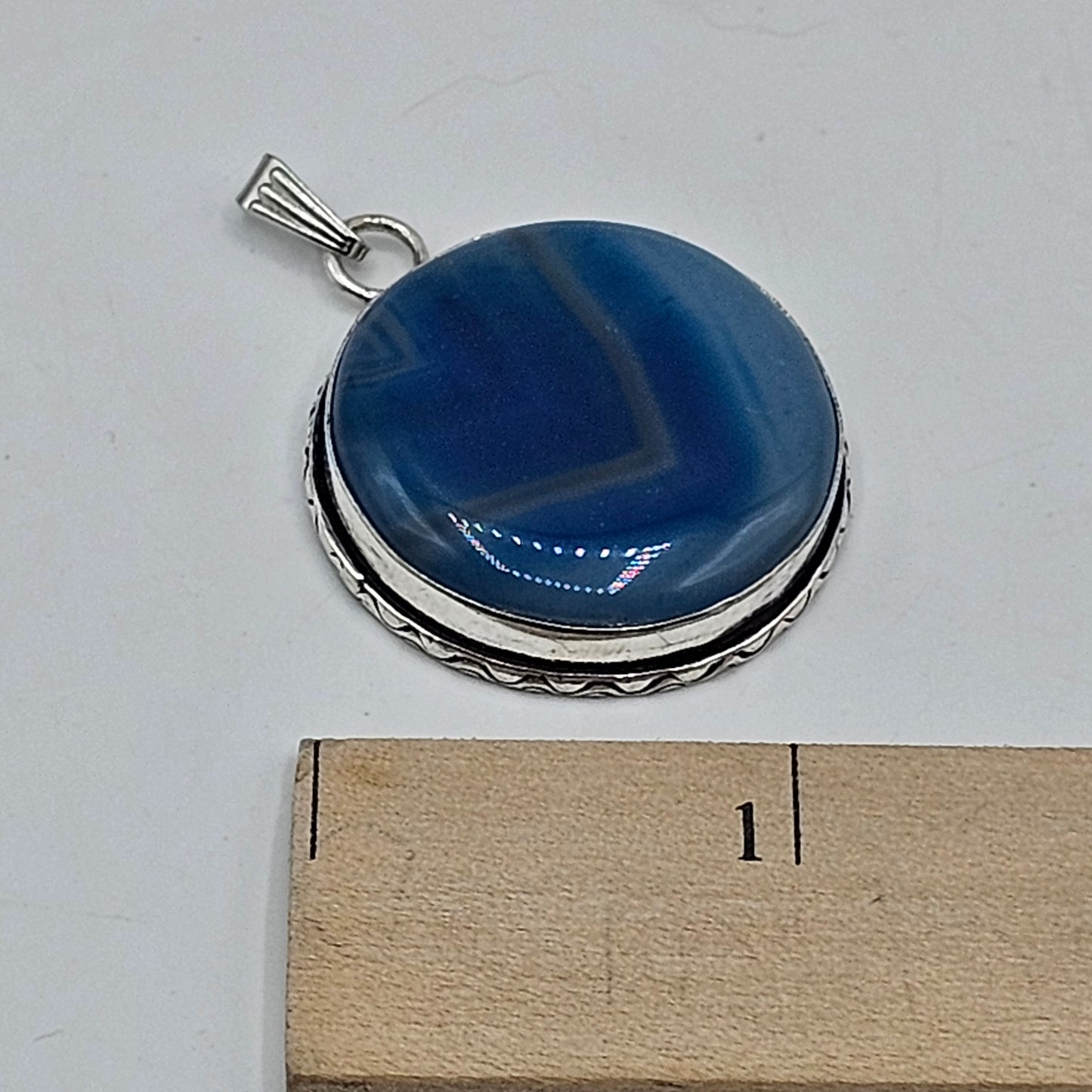 Round Blue Banded Agate Pendant with Silver Tone Setting