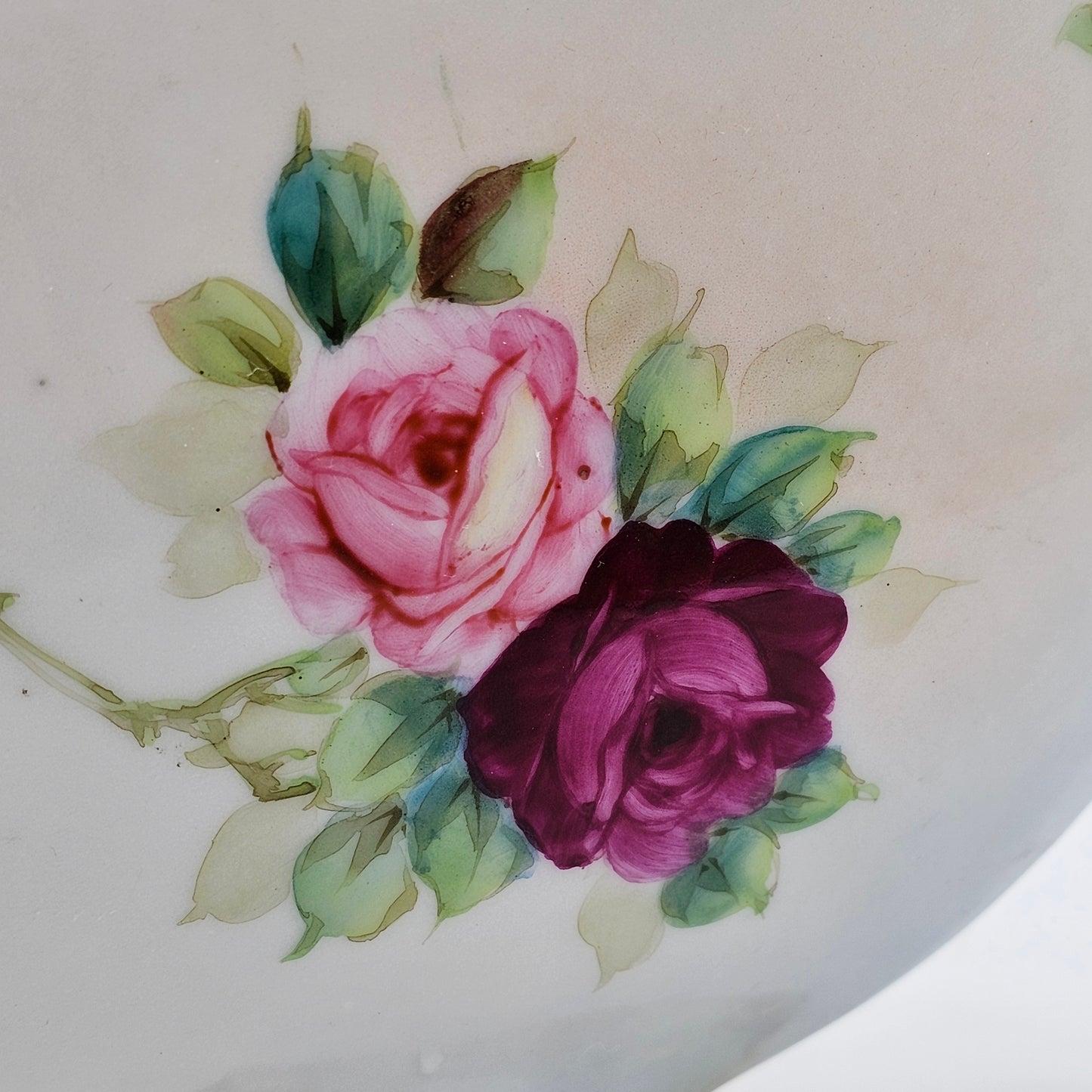 Antique Porcelain Basket Style Vase with Hand Painted Roses