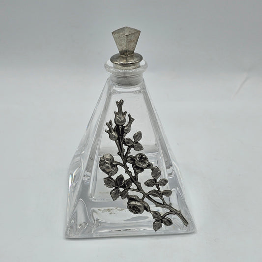 Vintage Glass Pyramid Perfume Bottle with Applied Pewter Flowers