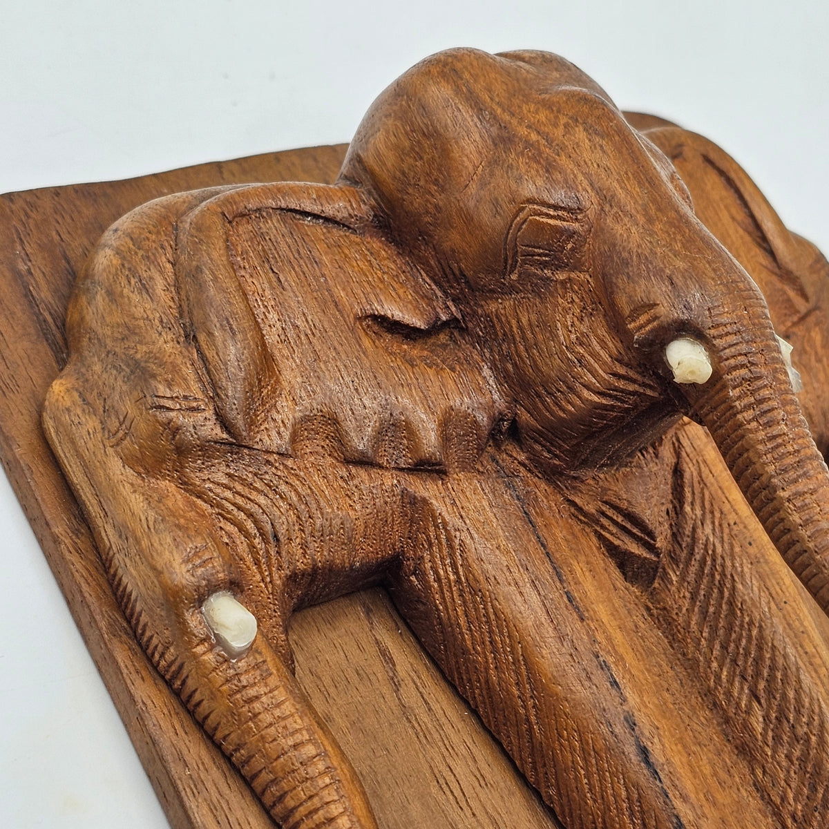 Vintage Carved Wood Folding Bookend with Elephants