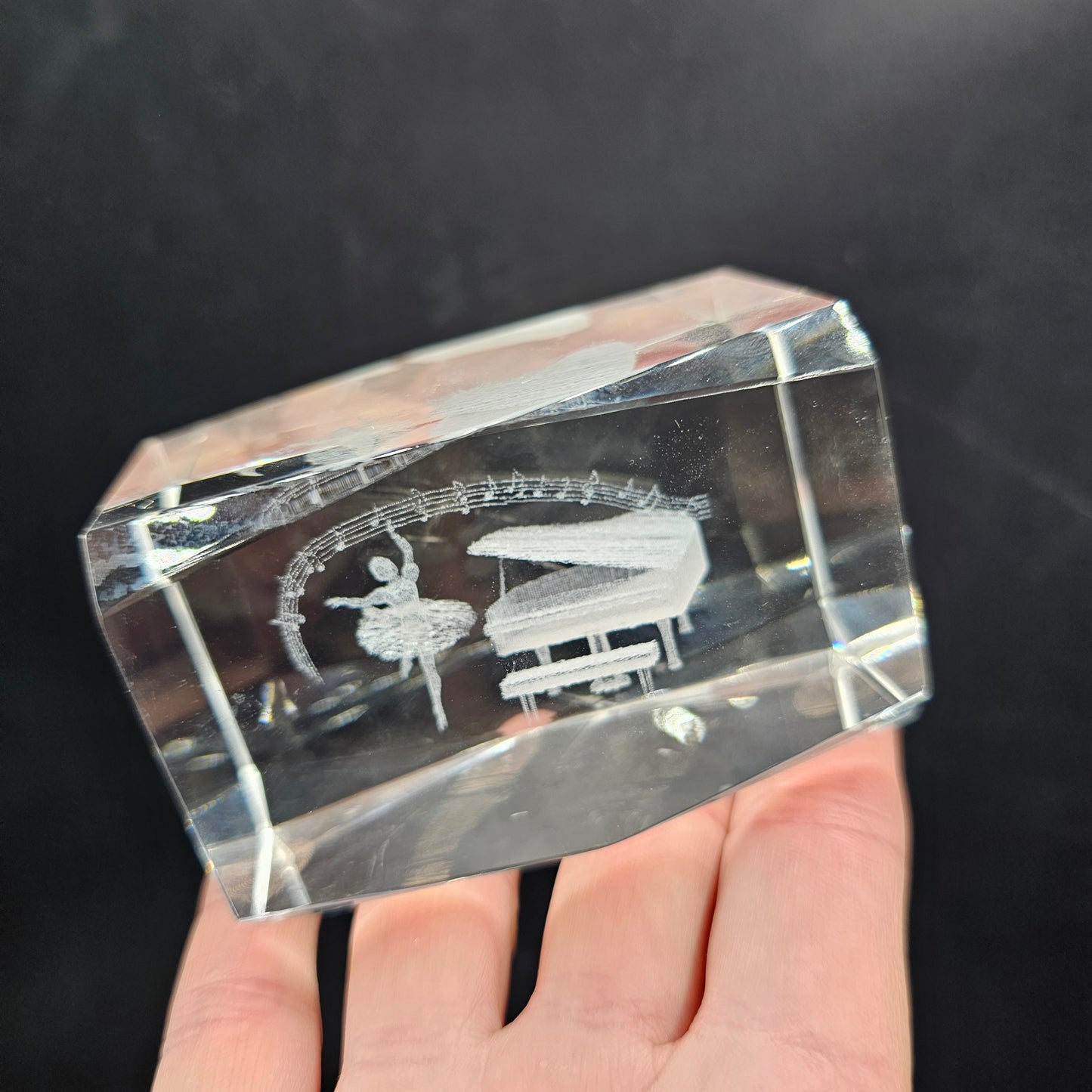 3D Glass Paperweight with Ballerina, Grand Piano and Musical Notes