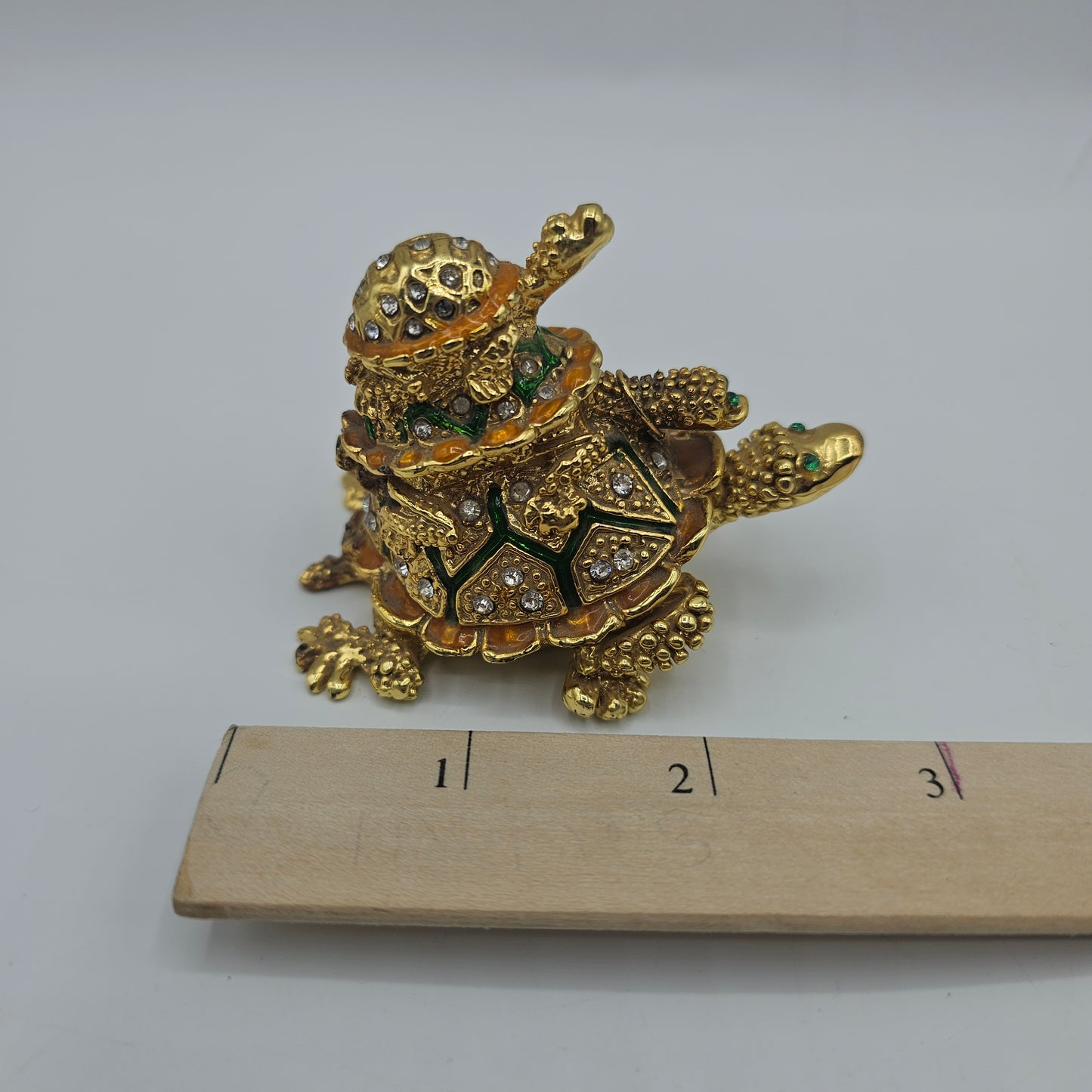 Bejewelled Stacked Tortoise or Turtle Hinged Trinket Box - Gold Tone with Crystals