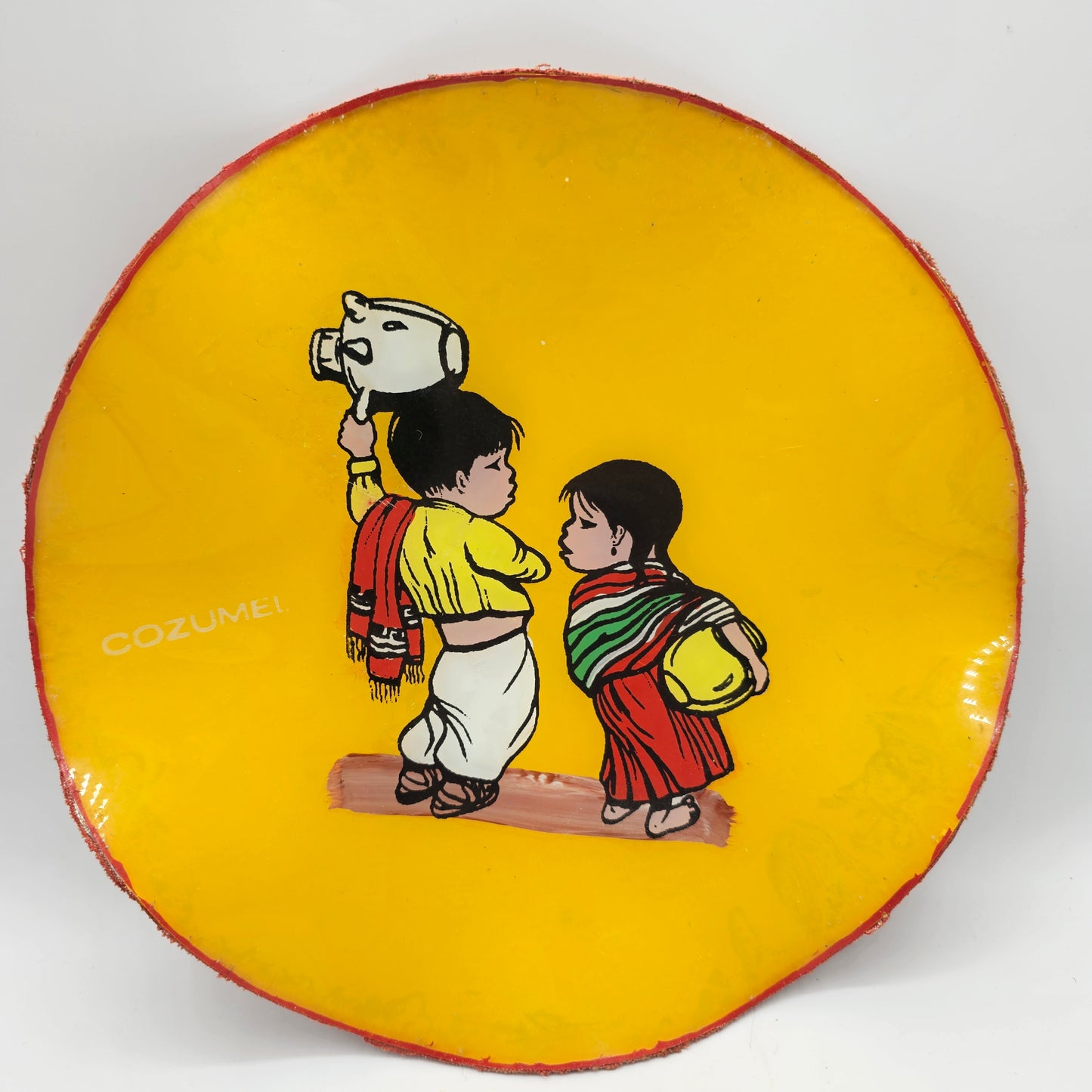 Decorative Yellow Ruffled Edge Mexican Folk Art Plate Marked Cozumel with Hook for Hanging