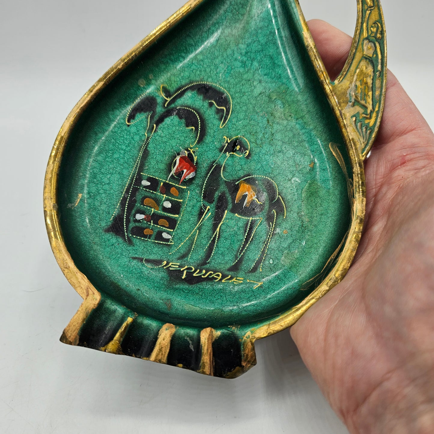 Vintage Judaic Green and Brass Ashtray with Painted Camel - Jerusalem Souvenir