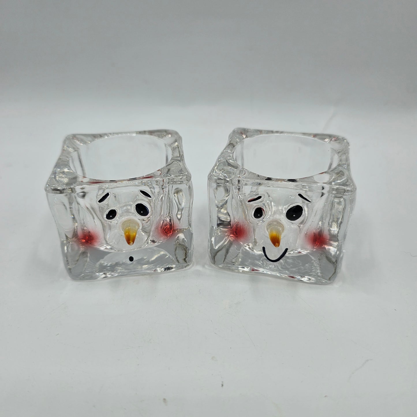 Glass Snowman Votive or Tealight Candle Holders - Set of 2