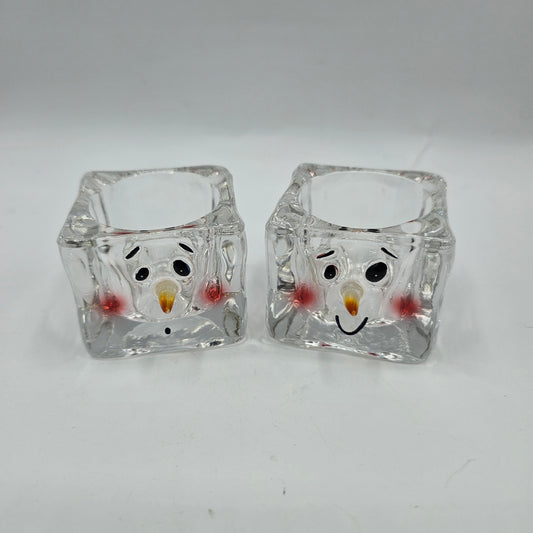 Glass Snowman Votive or Tealight Candle Holders - Set of 2
