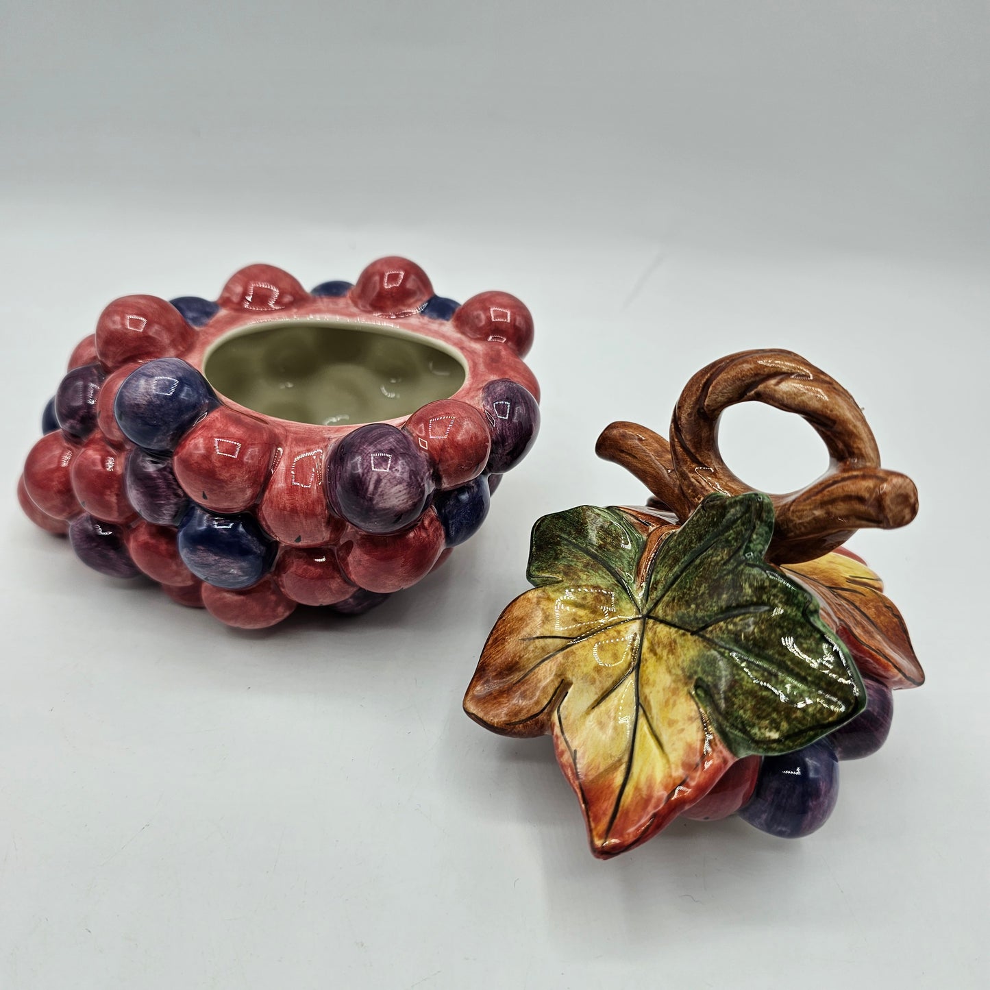 Ceramic Red Grape Design Lidded Sugar Bowl or Trinket Fish by Fitz and Floyd