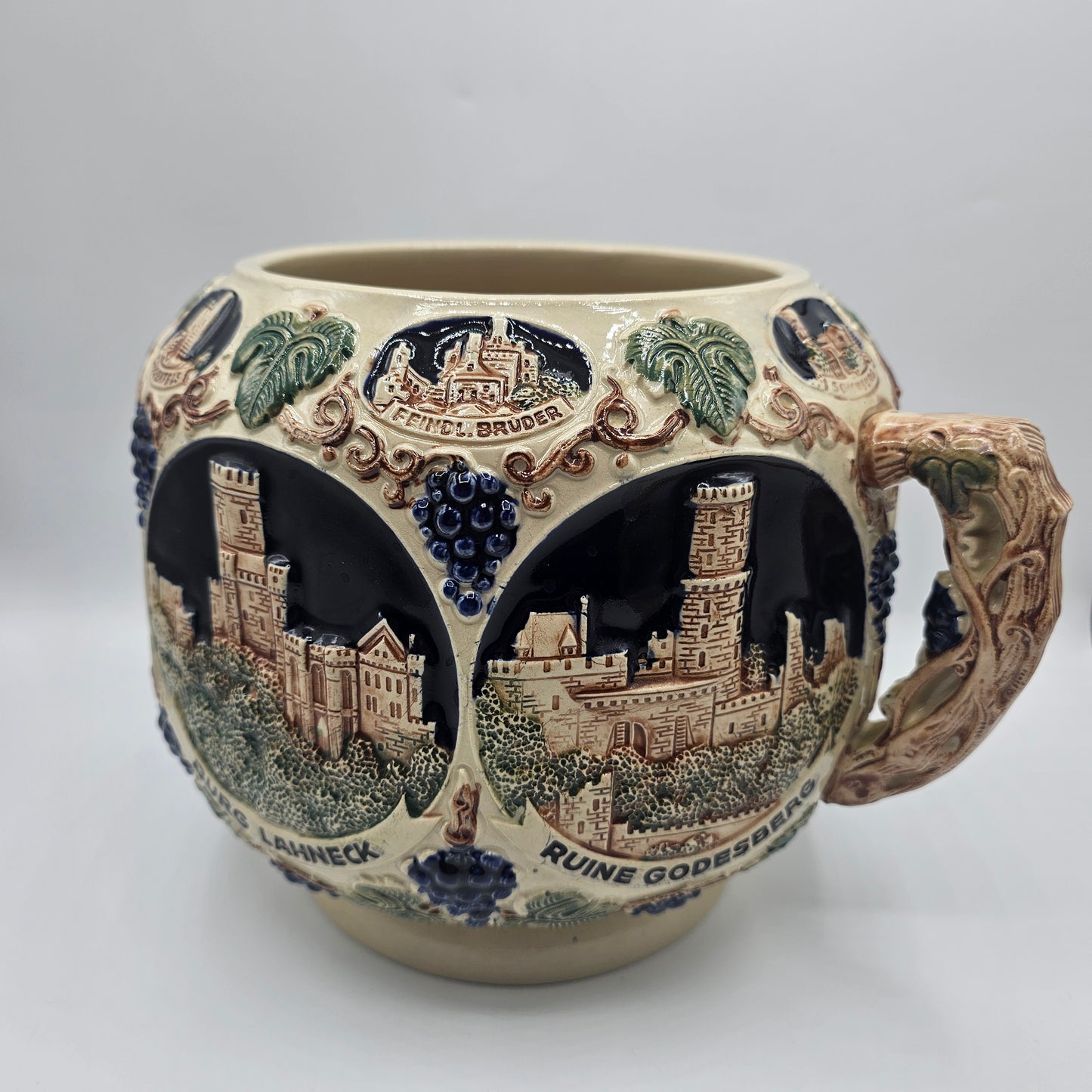 Vintage Gerz Gerzit German Rumtopf Stoneware Punch Bowl / Planter with Relief Rhine Castles