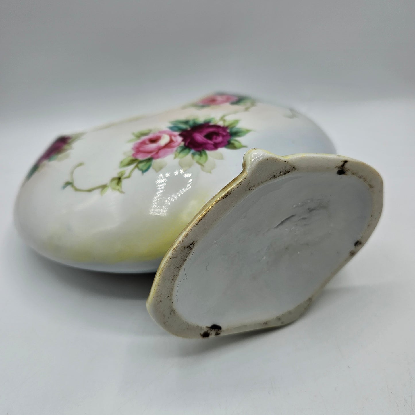 Antique Porcelain Basket Style Vase with Hand Painted Roses
