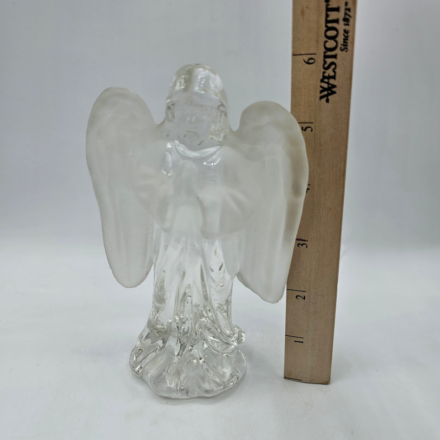 Clear Solid Glass Praying Angel Figurine with Frosted Satin Finish Wings