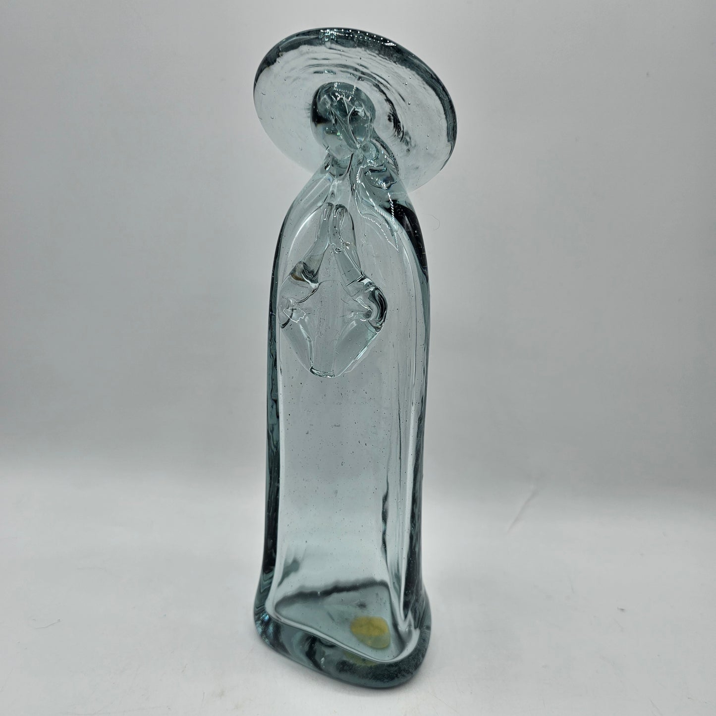 Praying Madonna Hand Blown Blue/Gray Tinted 100% Recycled Glass Sculpture - Made in Guatamala
