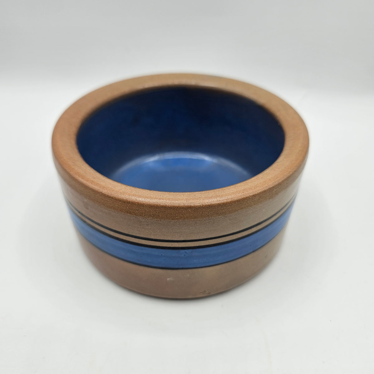 Pottery Crock Bowl with Blue Interior and Blue and Black Stripes