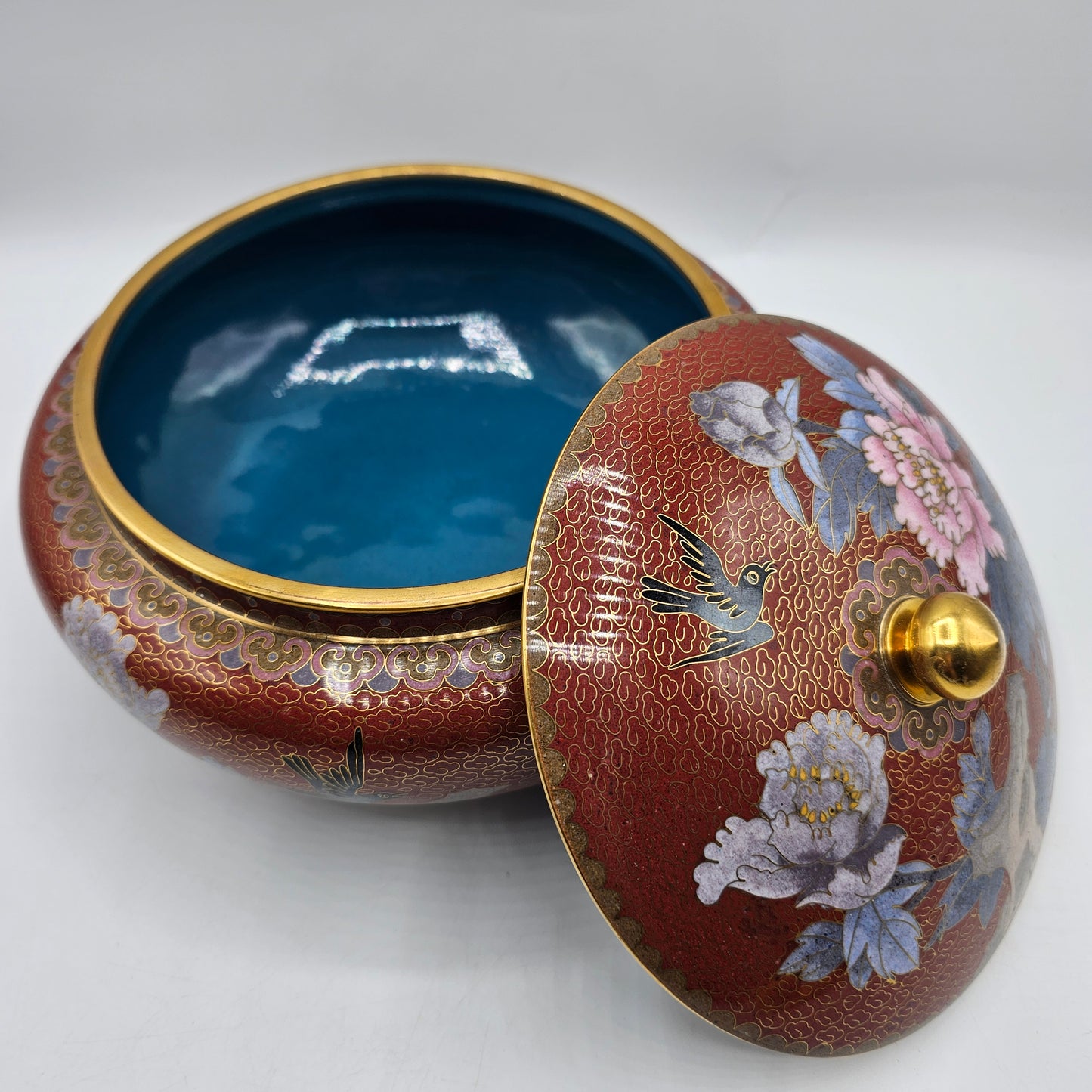 Vintage Cloisonne Lidded Pot with Flowers and Birds
