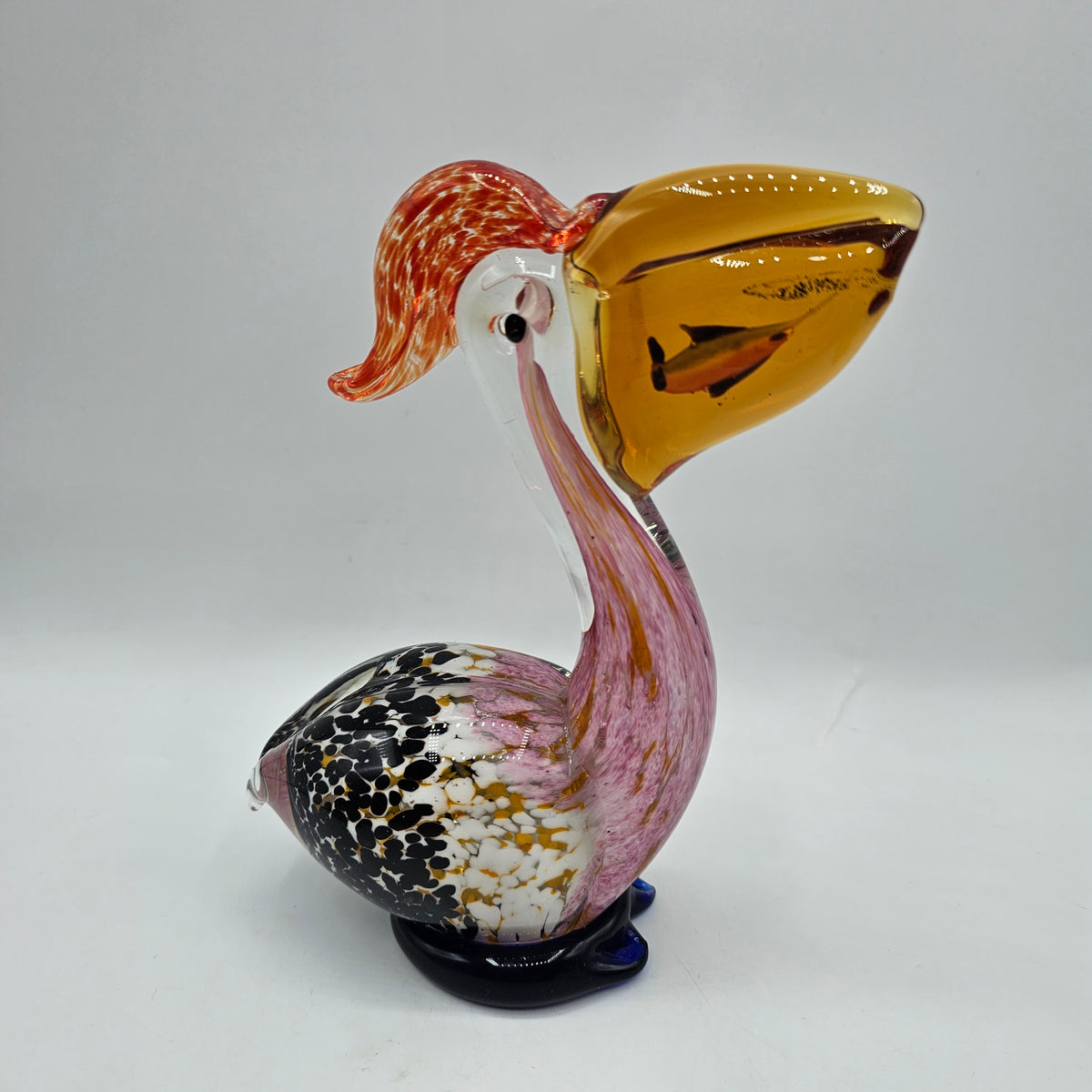 Art Glass Pelican with Fish Figurine