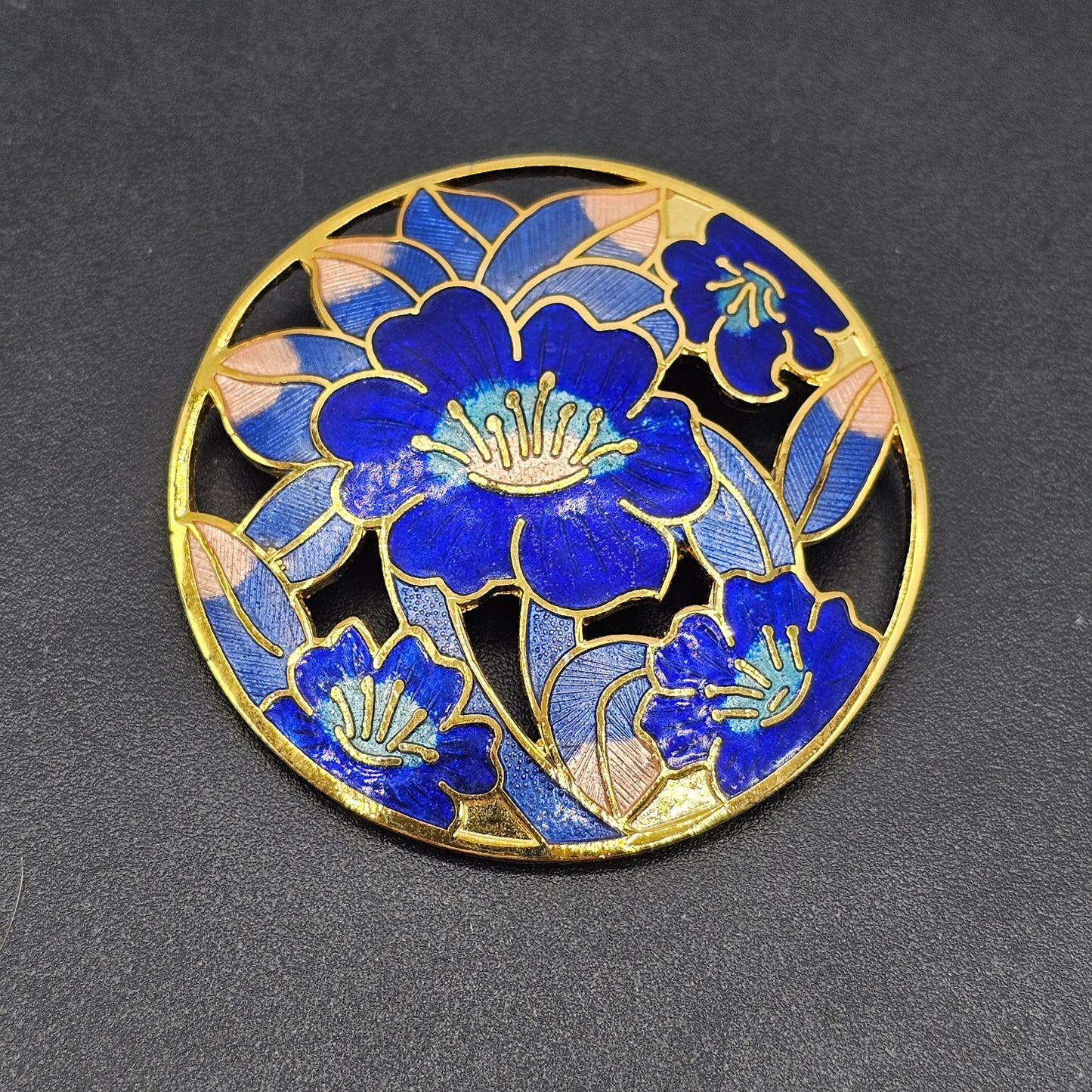 Round Enamel Brooch Pin - Blue and Gold with Flowers